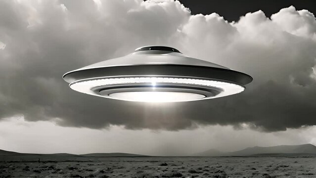 UFO, an alien saucer hovering above the field in the clouds, hovering motionless in the sky. Unidentified flying object, alien invasion, extraterrestrial life, space travel, spaceship. black and white