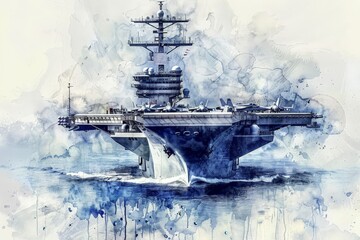 An aircraft carrier is a warship designed to serve as a mobile air base for aircraft. Watercolor painting.
 Use for wallpaper, posters, postcards, brochures.