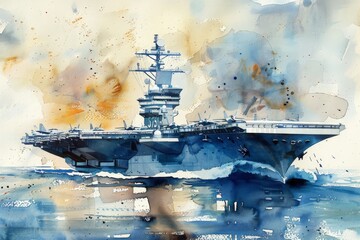Watercolor painting of an aircraft carrier. It is a warship designed to serve as a mobile air base for aircraft. Use for wallpaper, posters, postcards, brochures.