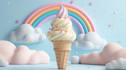 sweet ice cream cone with pastel rainbow cute color. rainbow, cloud and star design. 3d clay.