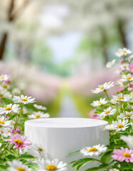 White podium with white flowers background .spring table. product display, defocused garden floral background cosmetic field scene, space for text, 3d
