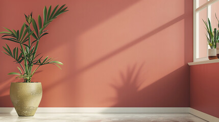 modern empty  living room with a window red wall, plants , empty copy space