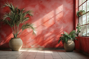 Obraz premium modern empty living room with a window red wall, plants , empty copy space
