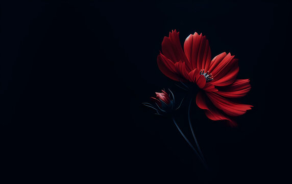 Crimson Blooms Emerged from the Darkness Red Flowers on Black Canvas, generative ai