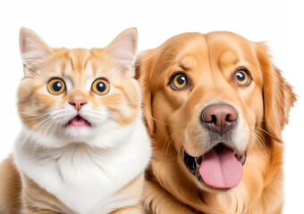 Close-up portrait of a cat and dog on a white background