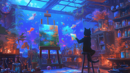 A cat-artist standing at an easel, painting a colorful landscape on a canvas, in the cozy setting of an art studio