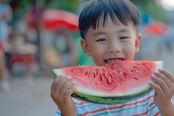 summer, child, watermelon, fruit, caucasian ethnicity, eating, outdoors, food, cute, childhood, melon, boys, happiness, nature, healthy eating, cheerful, portrait, fun, smiling, close-up, Everypixel - Powered by Adobe