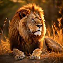 Fototapeta premium A towering lion sprawled languidly on an uneven terrain of tall grasses