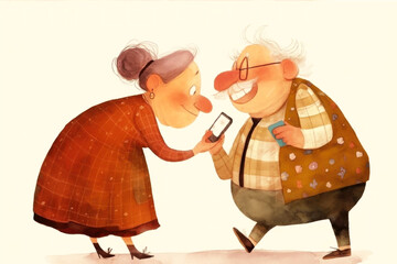 Charming illustration of elderly couple sharing a moment with technology