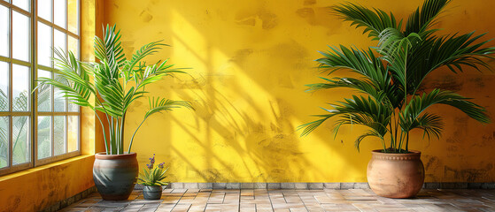 Obraz premium modern empty living room with a window yellow wall, plants , empty copy space