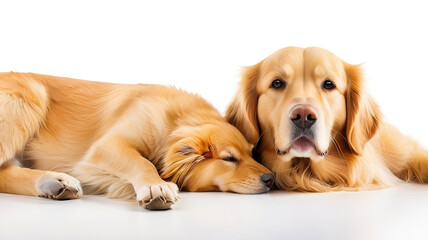 Golden Retriever, dog and dog together isolated on white background