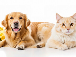 Cat and golden retriever dog together. isolated on white background.