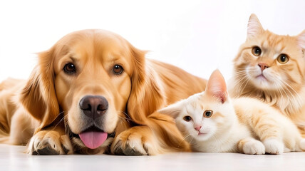Golden Retriever, cat and dog together animals isolated on white background