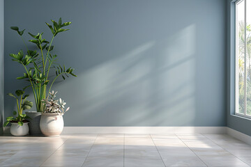 modern empty  living room with a window blue wall, plants , empty copy space
