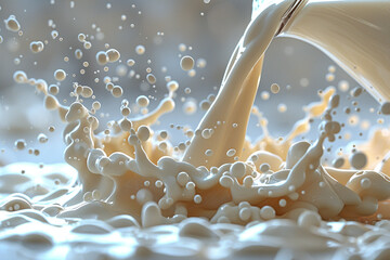 A jug of fresh milk pouring into a glass, set against a radiant white background, symbolizing wholesomeness and nourishment