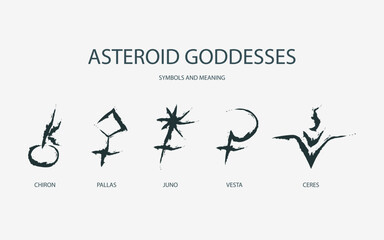 Astrological designations, aspects for astrologer. the meaning of the planets. Vector set pictogram elements constellation illustration for ancient alchemy: chiron, pallas, juno, vesta, ceres.
