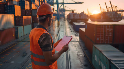 Fototapeta premium Dock Worker Managing Inventory at Sunset
