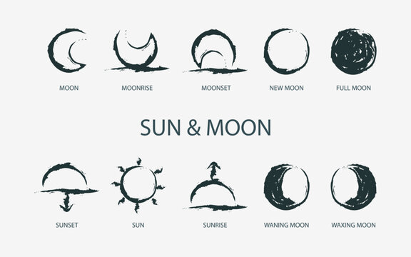 Astrological designations, aspects for astrologer. the meaning of the planets, study of astrology. Vector set pictogram elements constellation illustration for ancient alchemy: sun and moon