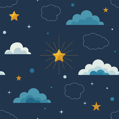 Night sky with stars, moon, clouds. Vector seamless pattern, celestial texture
