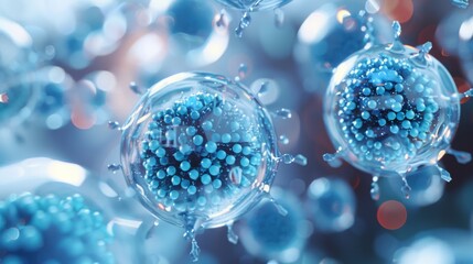 collection of nanomedical, slightly textured, metallic, opaque, futuristic spheres. Each of the spheres has a few pharmaceutical blue micro-spheres spread across the surface of the larger spheres.  - obrazy, fototapety, plakaty