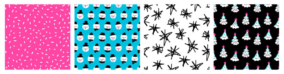Seamless New Year pattern. Simple dot pattern. Vector illustration of snowman, Christmas tree, snowflake.