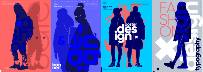 Naklejka premium Vibrant vector posters featuring silhouettes with typographic elements in bold colors, symbolizing fashion and design.