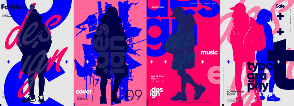 A series of striking vector posters merging fluid typography with youthful silhouettes in a bold, fashionable color palette.