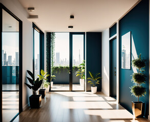 Obraz premium A spacious and modern living room with large windows that let in plenty of natural light.