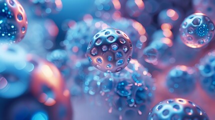 collection of nanomedical, slightly textured, metallic, opaque, futuristic spheres. Each of the spheres has a few pharmaceutical blue micro-spheres spread across the surface of the larger spheres. 