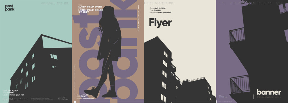 Minimalistic vector posters with strong geometric elements and silhouetted figures against urban backdrops.