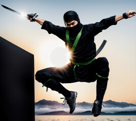 A person in a black ninja costume jumping over a wall with a sword in hand.