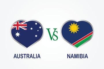Australia Us Namibia, Cricket Match concept with creative illustration of participant countries flag Batsman and Hearts isolated on white background