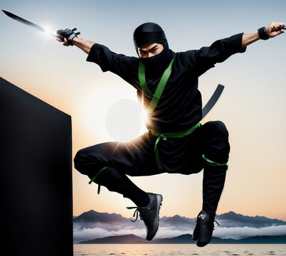 A person in a black ninja costume jumping over a wall with a sword in hand.