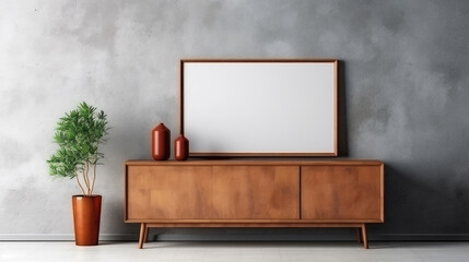 Wooden cabinet, dresser against concrete wall with empty blank mock up poster frame with copy space. Loft home interior design of modern living room Generative AI
