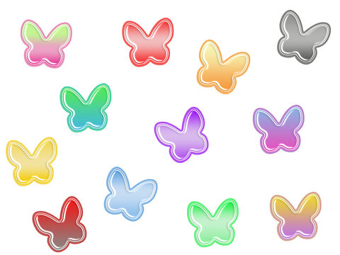 Multicolored, gradient butterflies with a convex effect. Outline. PNG