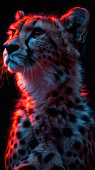 portrait of cheetah with pink and purple neon lights 
