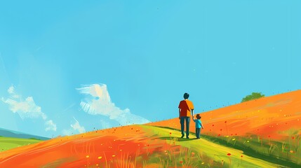 Orange and green tranquil rural grassy road character scene illustration poster background