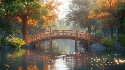 wooden bridge that spans the tranquil pond - 783106495