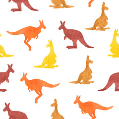 Cute kangaroo silhouettes seamless pattern. Vector watercolor print	