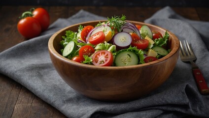 Vegetable salad in a wooden bowl.