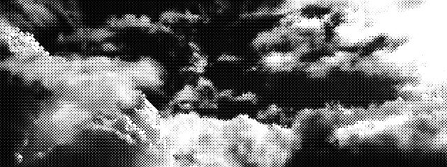Black and white smoke with halftone raster effect and dot texture. Dramatic stormy sky. Clouds of fog in pop art or comics style. Retro vector BG