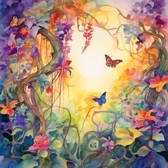Swirl of multi-colored butterflies dancing in the crisp air amidst an elaborate flower garden