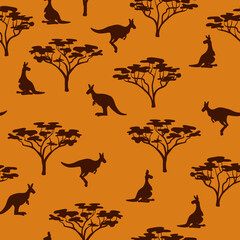 Seamless australian pattern with kangaroo and tree silhouettes. Vector illustration