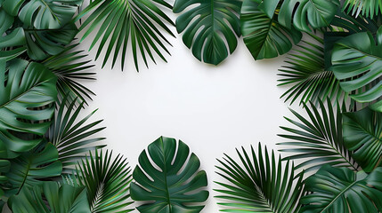 A green leafy border surrounds a white background. The border is made up of various types of leaves, including palm leaves and ferns. The image has a tropical feel to it, with the green leaves