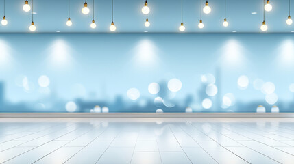 A large, empty room with a blue wall and white floor. The room is lit by a series of lights hanging from the ceiling