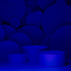 Abstract stage for presentation skin care products - three round podiums mockup in gradient dark blue ultramarine light, bubbles fly as decor. Template for displaying, showing in rich luxury style.