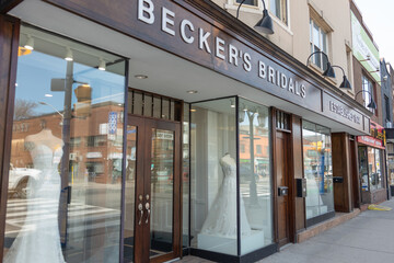 Fototapeta premium exterior building and sign of Becker's Bridals, a bridal shop, located at 387 Danforth Avenue in Toronto, Canada