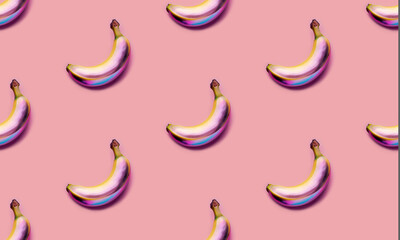 Obraz na płótnie Canvas Banana seamless pattern in vibrant gradient holographic neon colors on trendy pink background. Creative and trendy concept. 3d style print