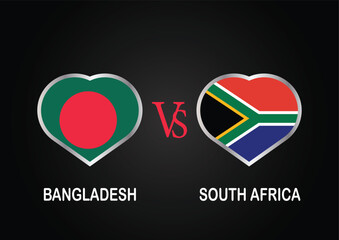Bangladesh Vs South Africa, Cricket Match concept with creative illustration of participant countries flag Batsman and Hearts isolated on black background - obrazy, fototapety, plakaty