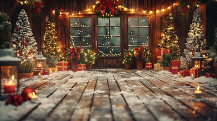 Fototapeta na wymiar A wooden floor with a Christmas tree in the background and a window with a red bow. The scene is lit up with lights and candles, creating a warm and cozy atmosphere